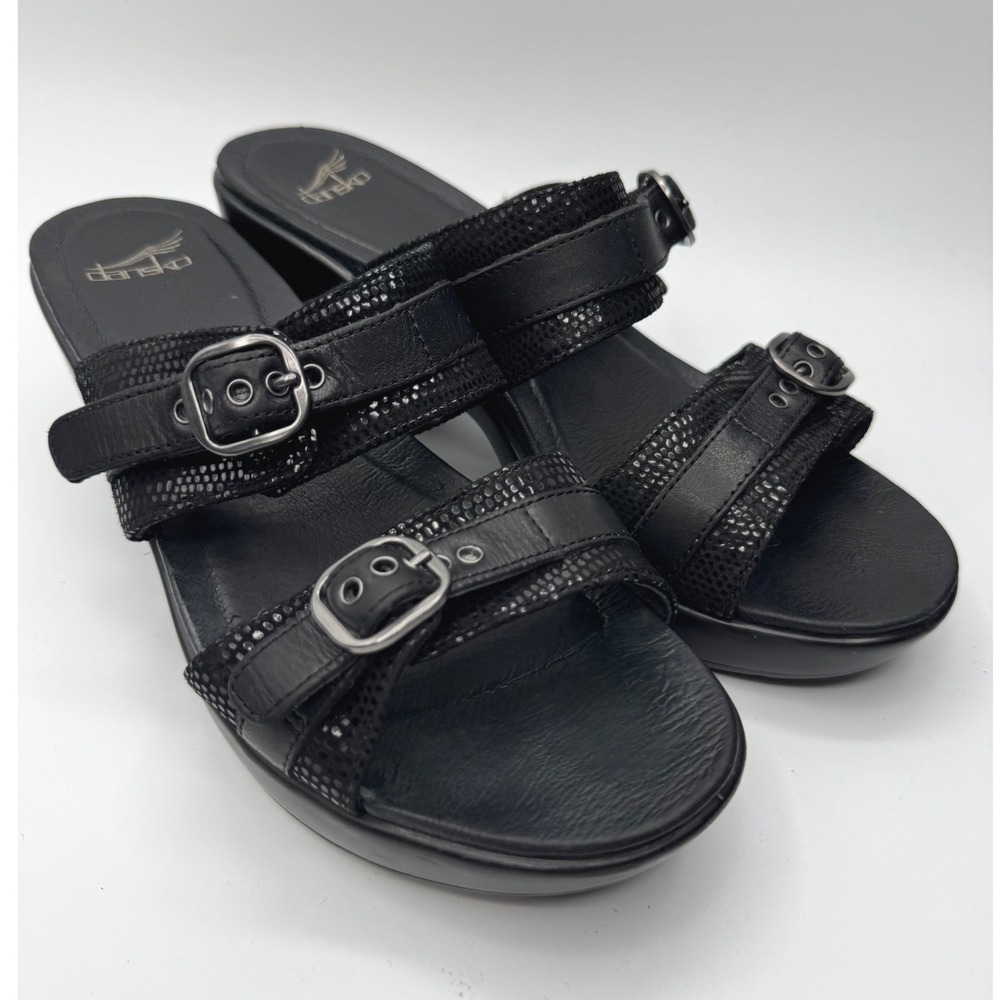 Dansko Black Leather Buckle Slide Wedge Sandals Women 40EU 9-9.5US